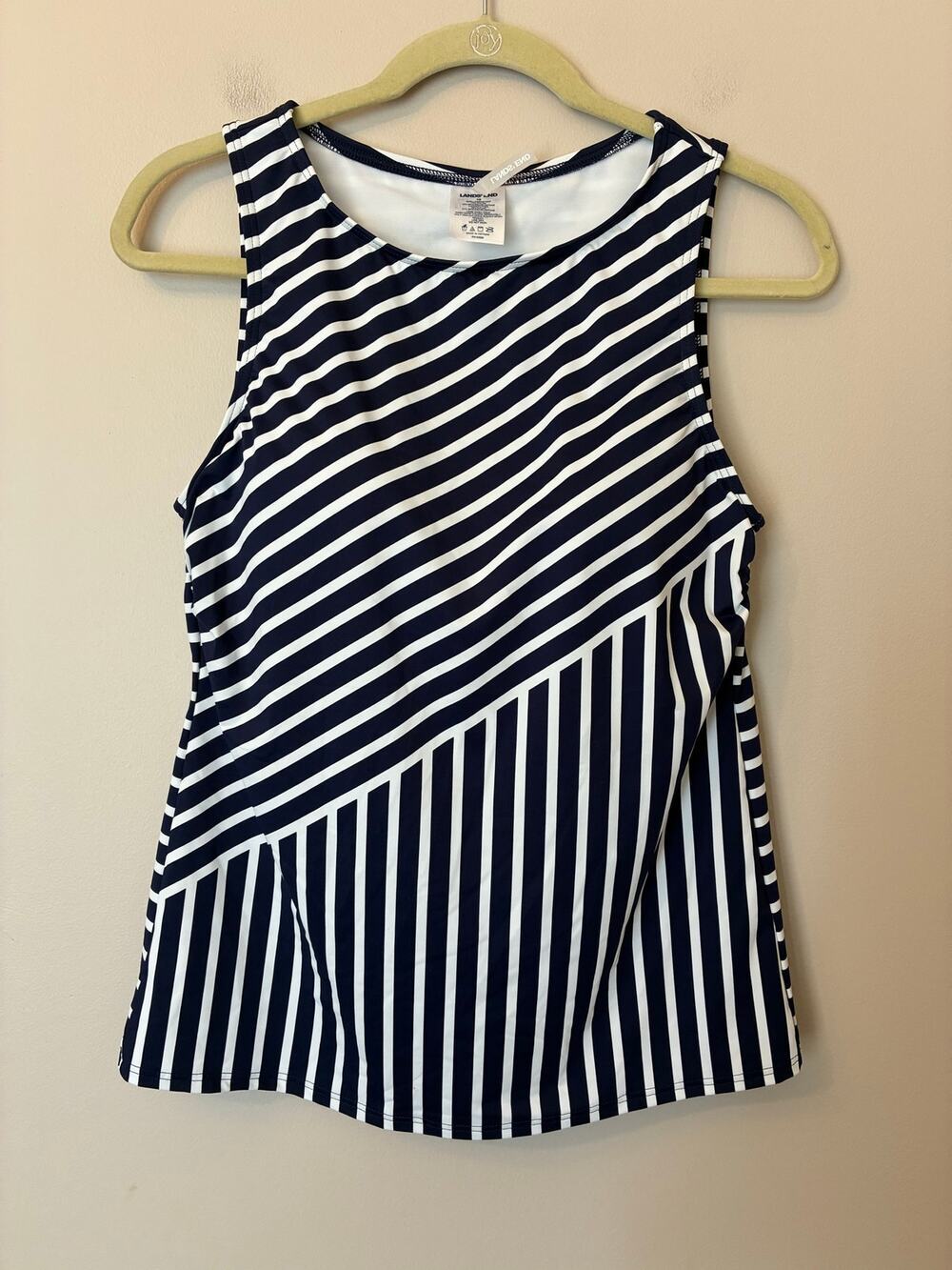 Lands End NEW High Neck Blue White Stripe Tankini Top Nautical Modest Size 10